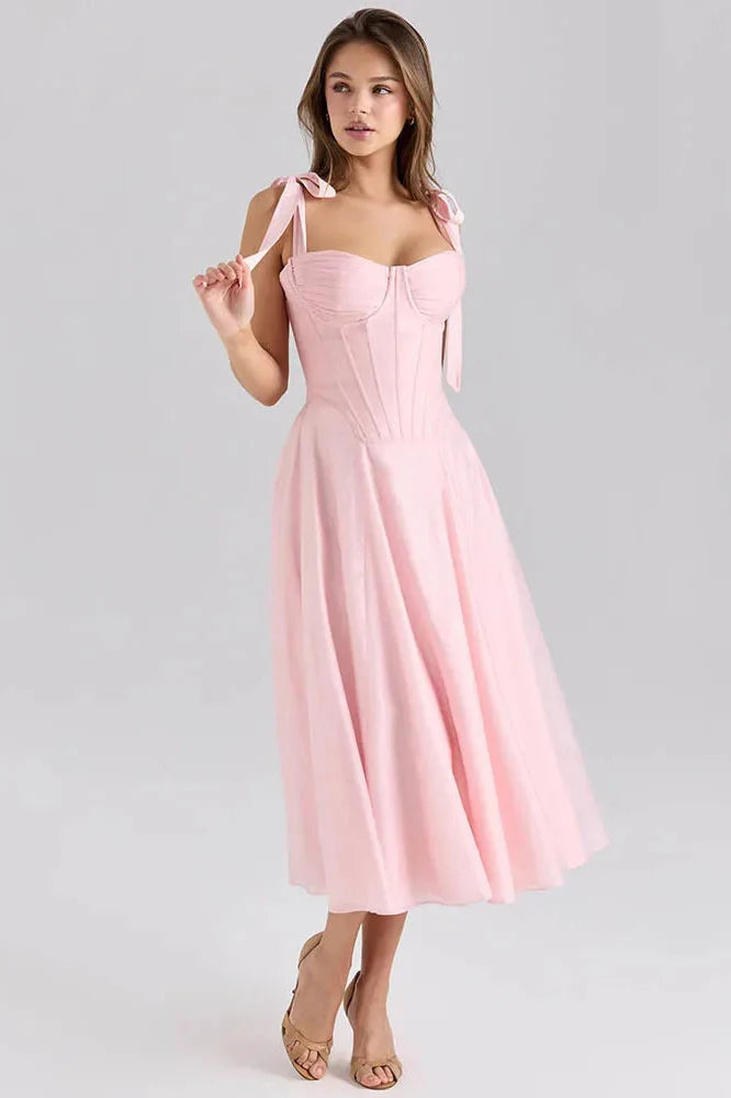 Spaghetti Strap Sleeveless Backless Lace-Up A-Line Midi Dress