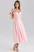 Spaghetti Strap Sleeveless Backless Lace-Up A-Line Midi Dress