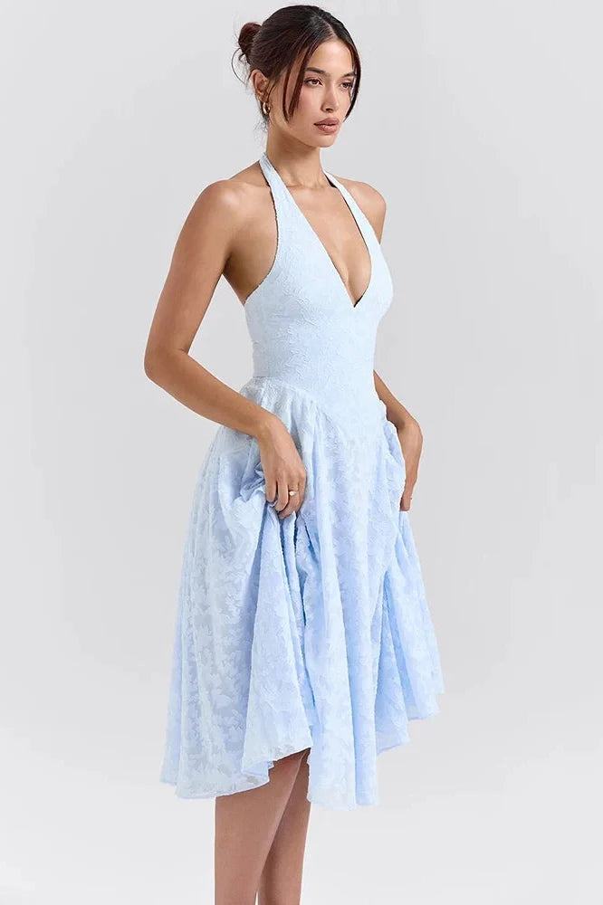 Deep V Neck Sleeveless Backless A-line Midi Dress