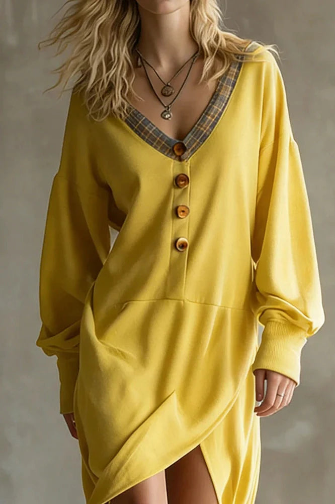 Long Sleeve V-Neck Button Split High Waist Irregular Midi Dress