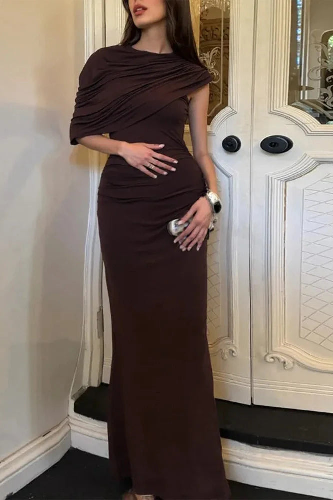 Inclined Shoulder Pleated Irregular Maxi Dress