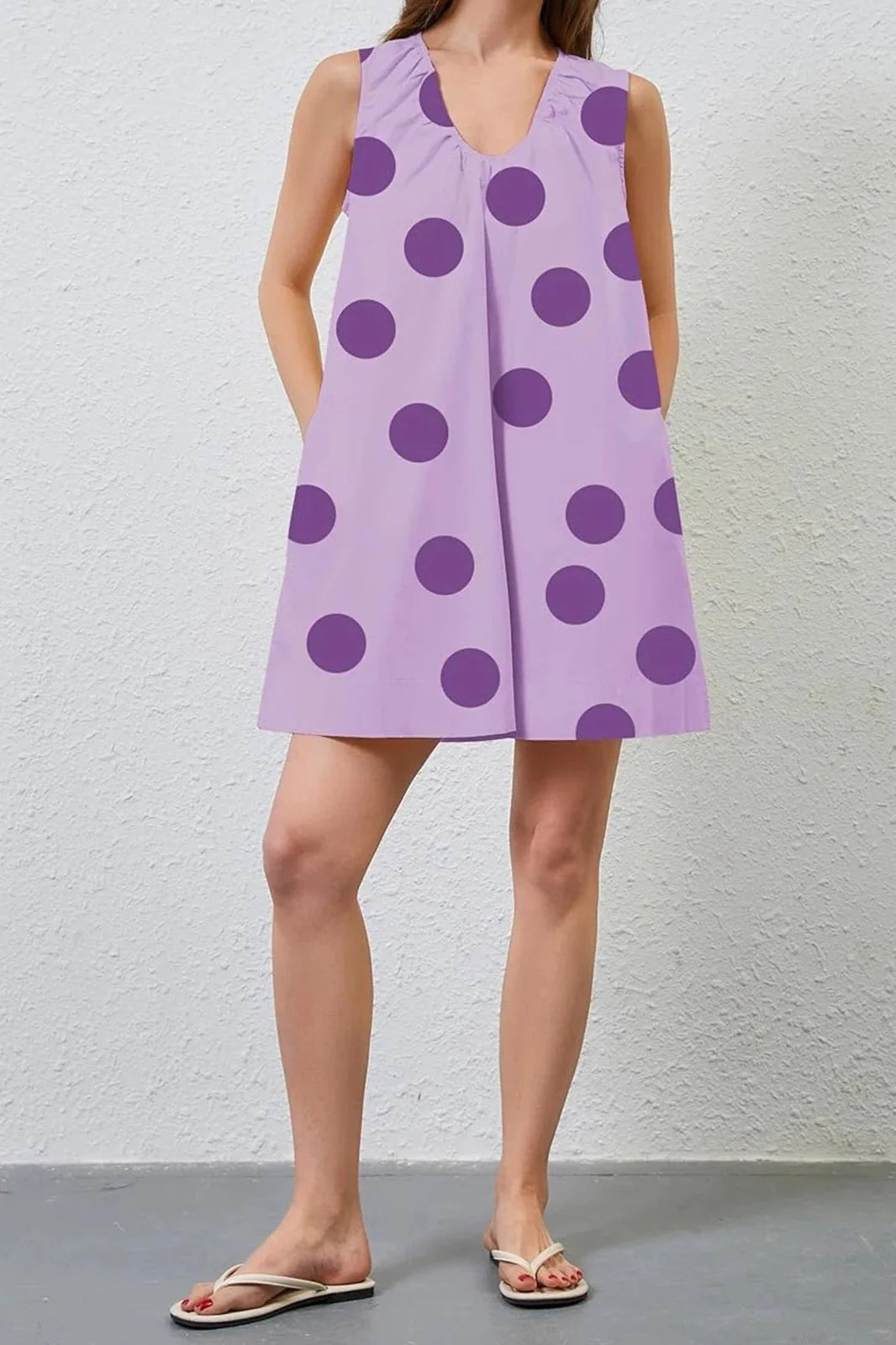 Printed V Neck Sleeveless Loose Fit Mini Dress