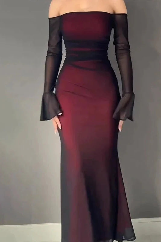 Printed Slim Long Sleeve Off Shoulder High Waist Maxi Dress