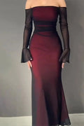 Printed Slim Long Sleeve Off Shoulder High Waist Maxi Dress
