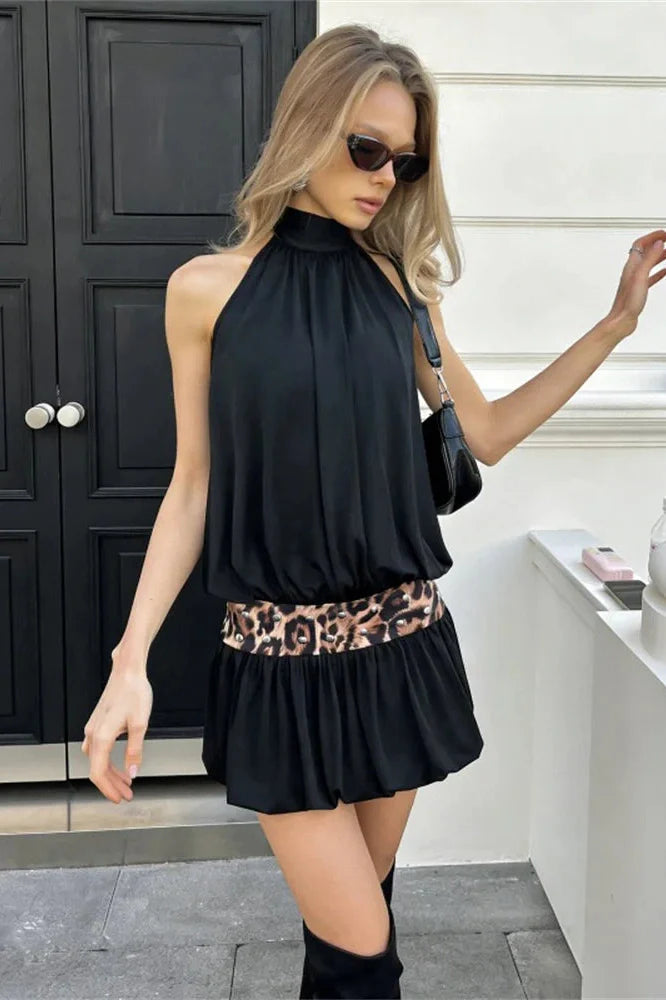 Backless High Waist Off-Shoulder Patchwork Mini Dress