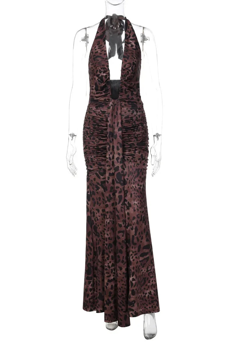 Printed Backless Deep V Neck Sleeveless Bodycon Maxi Dress