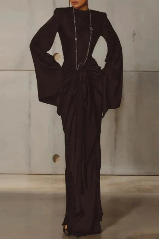 O-Neck High Waist Pleated Long Sleeve Slim Maxi Dress