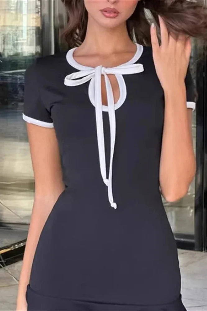 Hollow Out Lace-Up Short Sleeve Slim Mini Dress