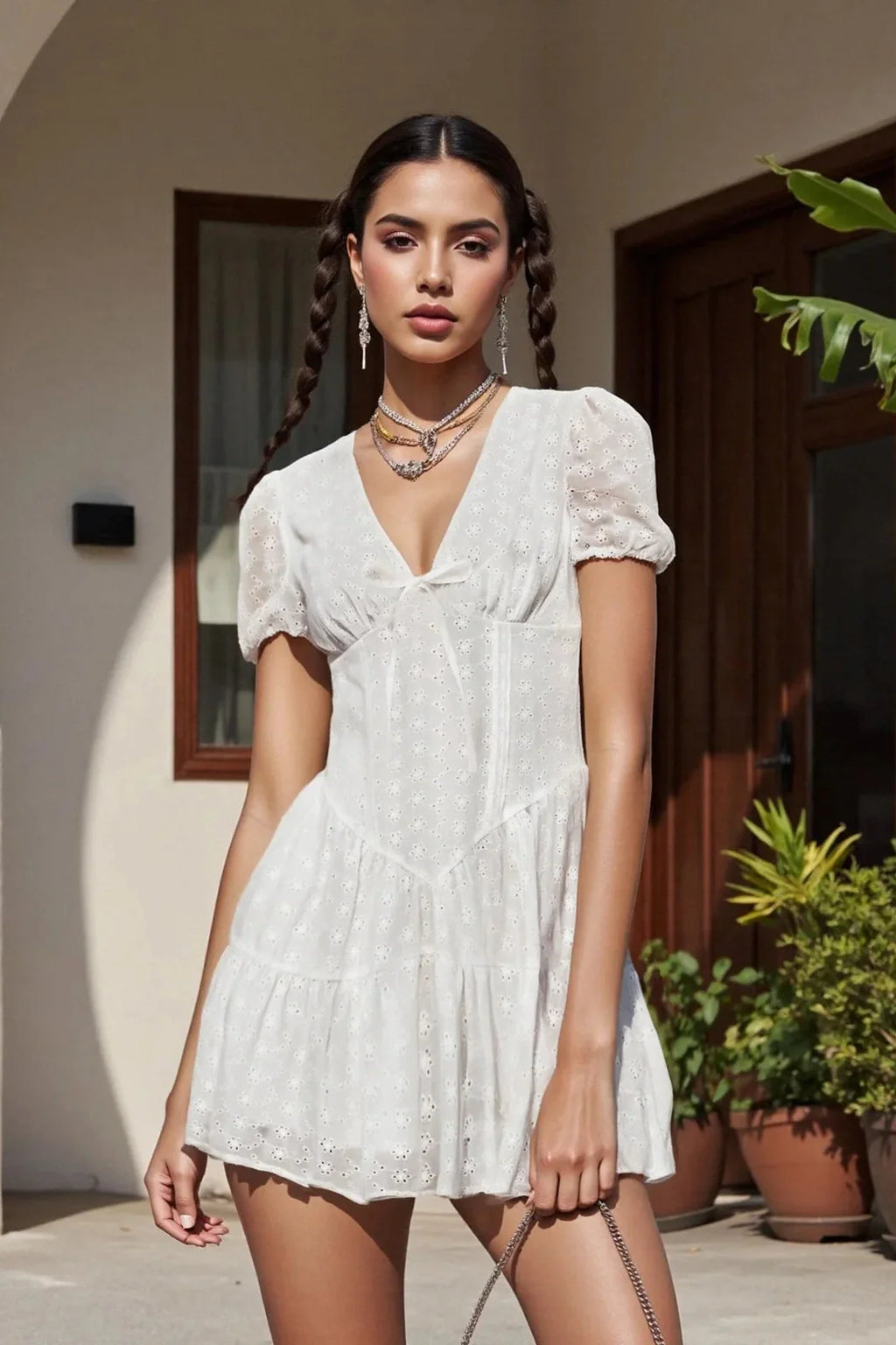 Short Sleeve V Neck A-Line Mini Dress