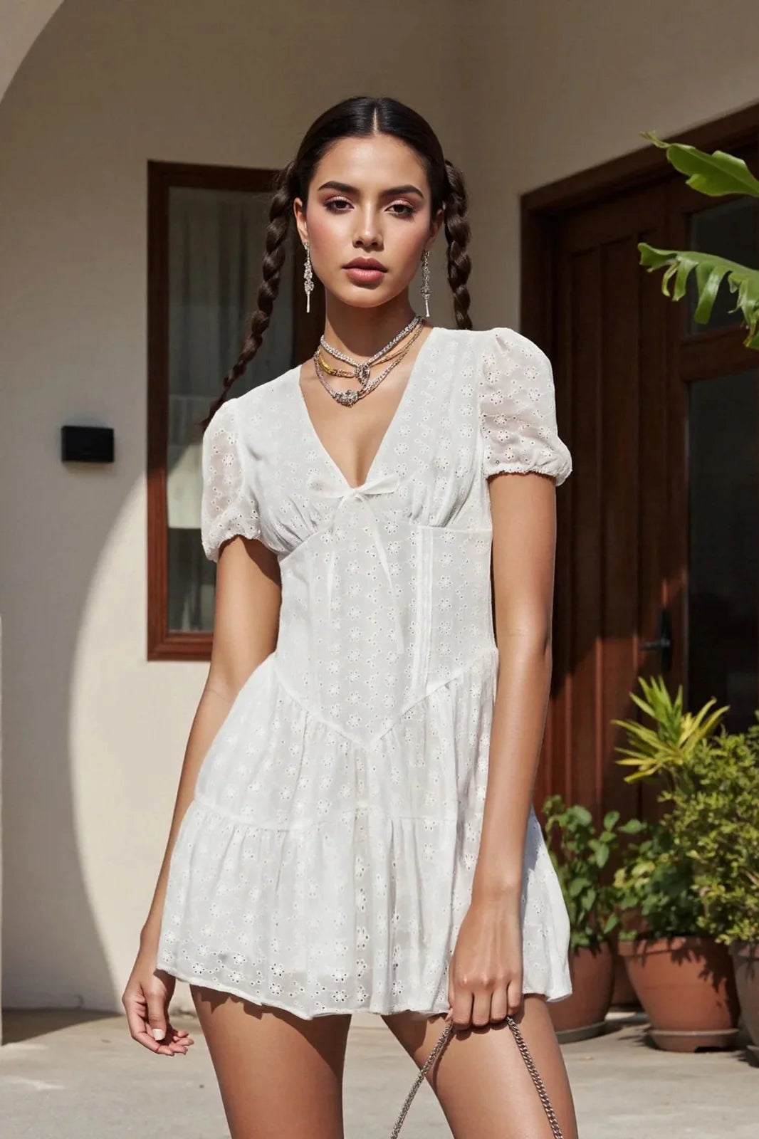 Short Sleeve V Neck A-Line Mini Dress