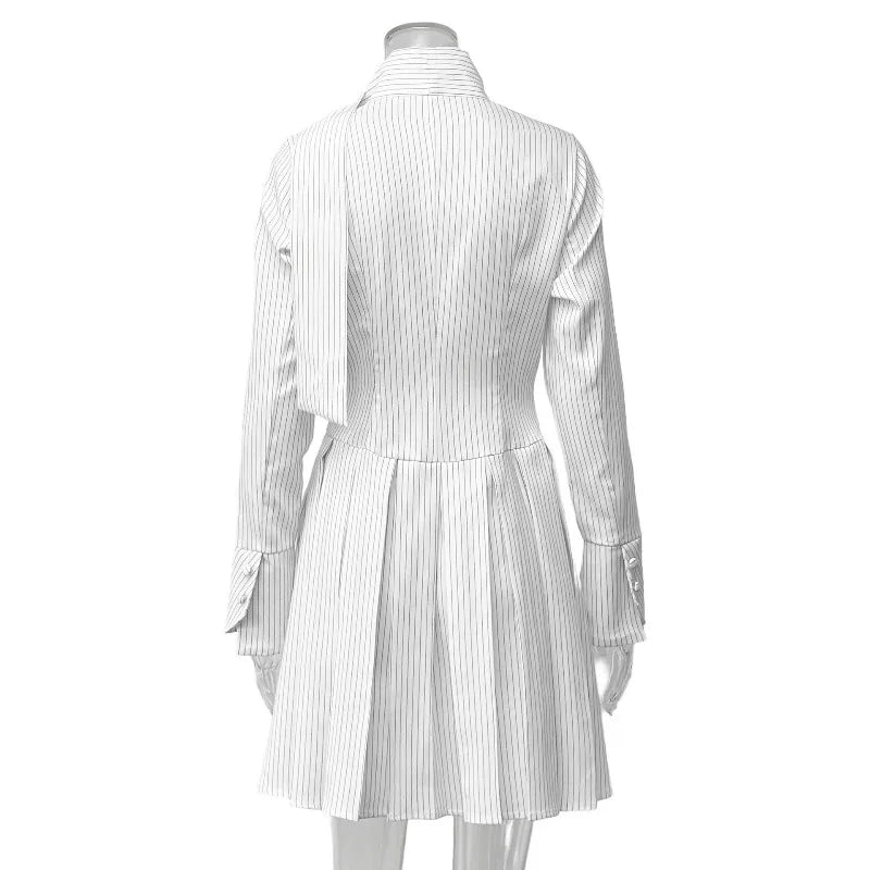 V Neck Button Scarf Ribbon Long Sleeve Mini Dress