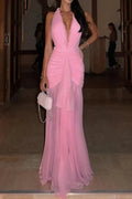 Backless Sleeveless V-Neck Pleated Maxi Dress