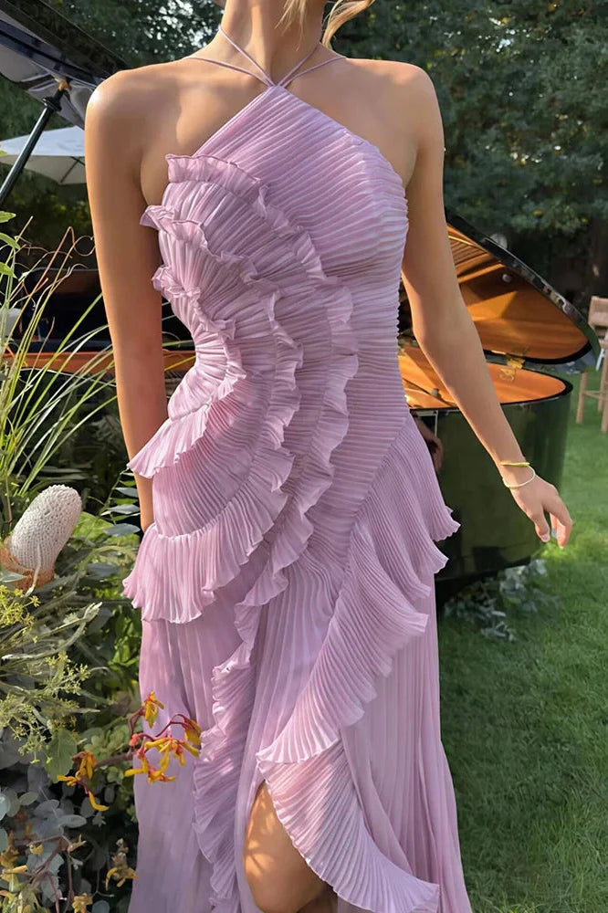 Off-Shoulder Sleeveless Backless Pleated Maxi Dress