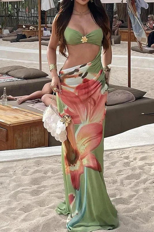 Hollow Out Printed Sleeveless Slim Pleated Maxi Dress