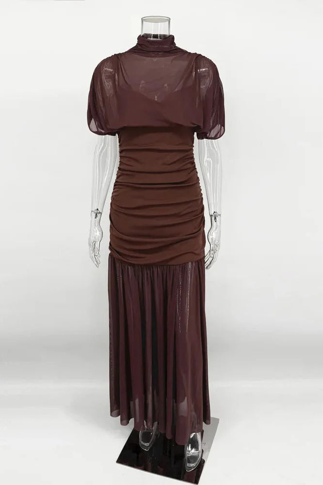 Sleeveless See-Through Patchwork Pleated Maxi Dress