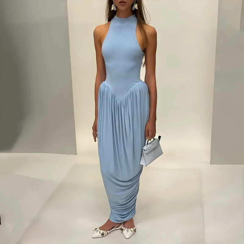 Elegant  Pleated High Neck Slit Maxi Dress