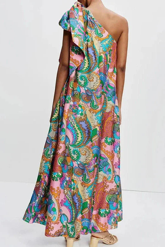 Elegant Printed Off Shoulder Pleated Maxi Dress