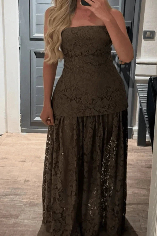 Hollow Out Off-Shoulder Lace Pleated High Waist Maxi Dress