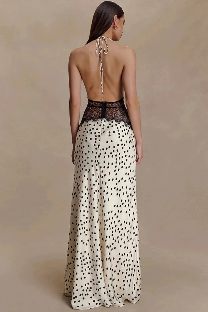 Polka Dot Backless Patchwork Lace Deep V Neck Sleeveless Bodycon Maxi Dress