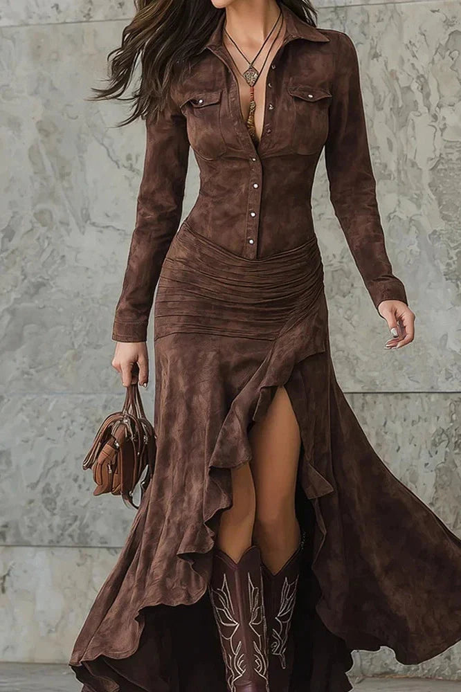 Pleated Split Printed Slim Bodycon High Waist Maxi Dress