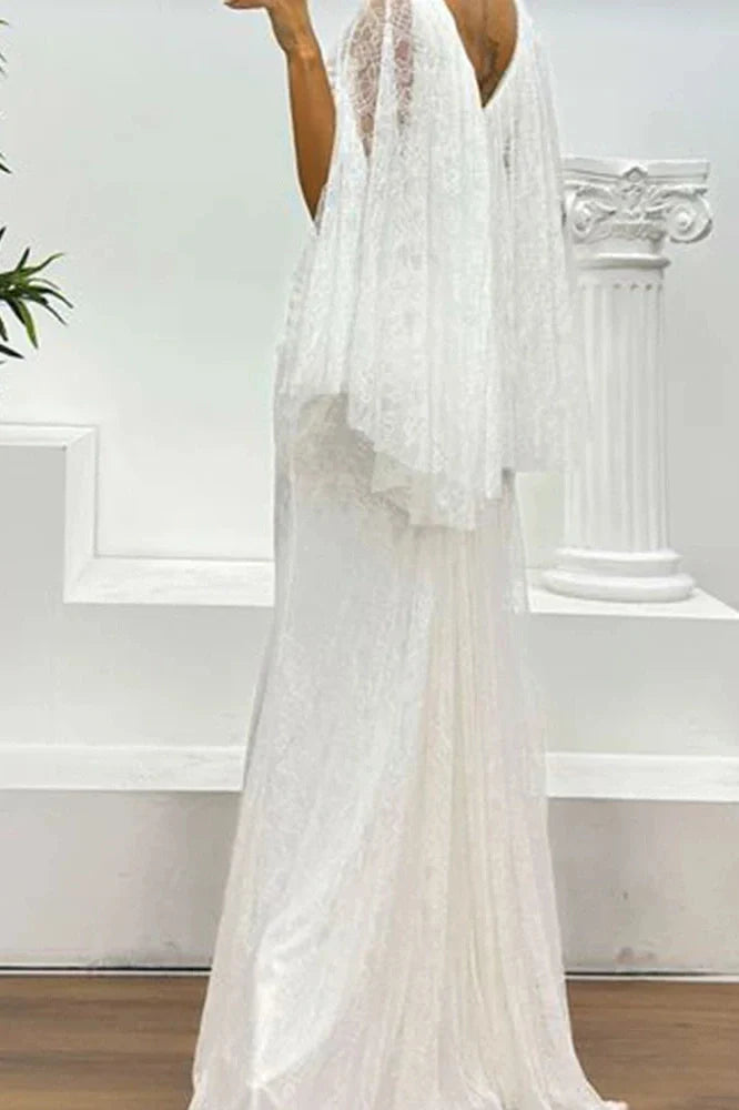Hollow Lace Embroidery V-Neck Slim Split High Waist Maxi Dress
