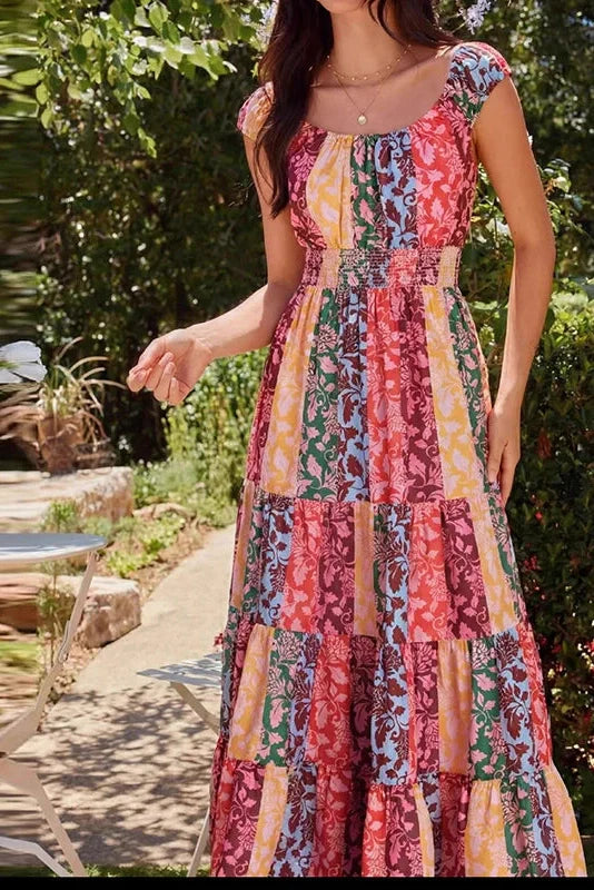 Sleeveless Pleated High Waist Printed Maxi Dress
