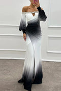 Off Shoulder Patchwork High Waist Pleated Slim Sleeves Maxi Dress