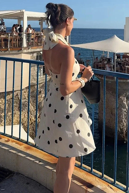Polka Dot Off-Shoulder Backless Pleated Strapless Mini Dress