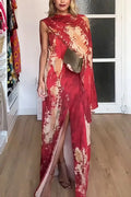 Shawl Split Pleated Slim Printed Sleeveless Maxi Dress