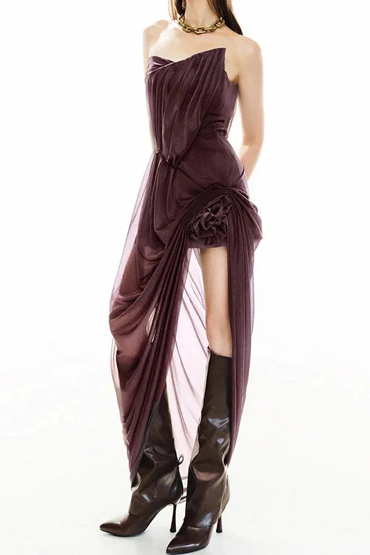 Hollow Out Sleeveless Pleated High Waist Irregular Maxi Dress