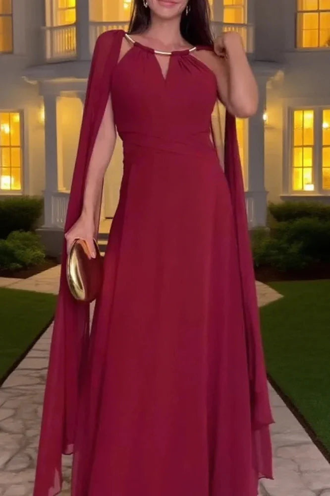 Elegant Hollow Out Shawl Sleeve Pleated High Waist Maxi Dress