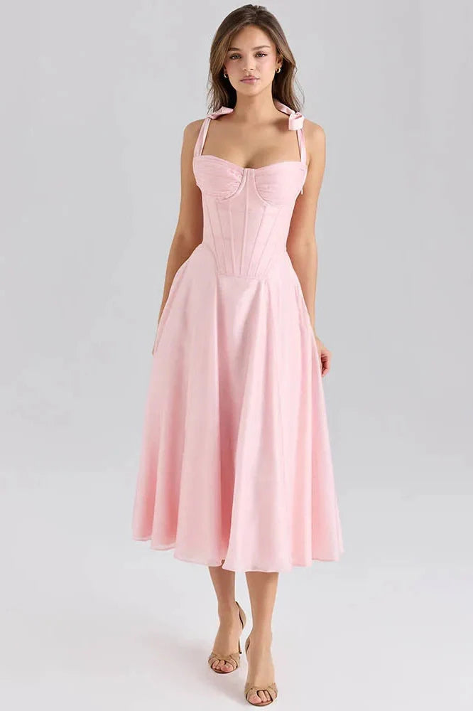 Spaghetti Strap Sleeveless Backless Lace-Up A-Line Midi Dress