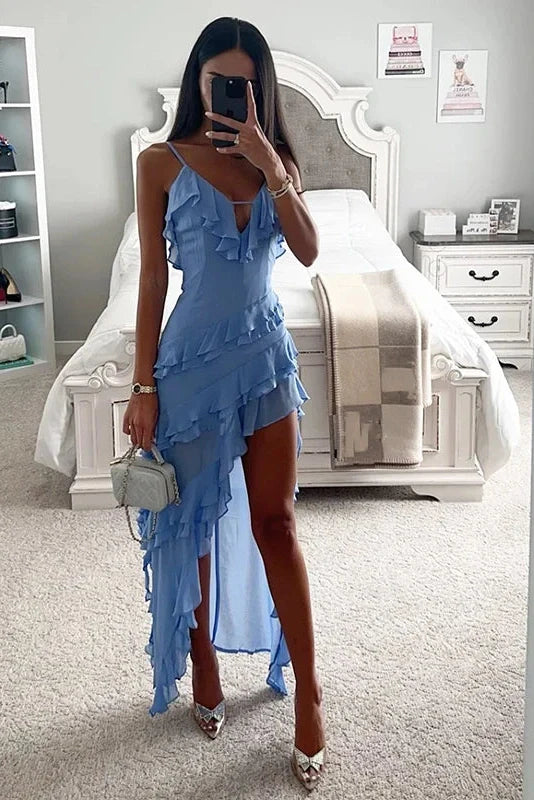 Elegant High Split V Neck Sleeveless Slim Irregular Maxi Dress