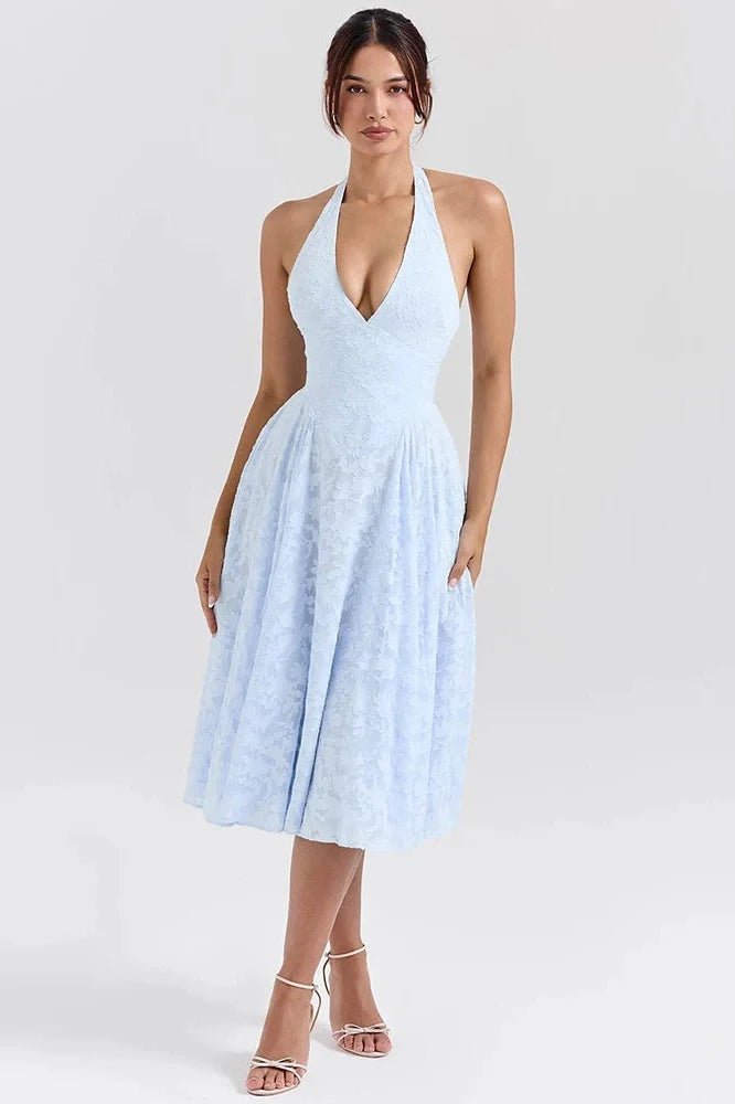 Deep V Neck Sleeveless Backless A-line Midi Dress