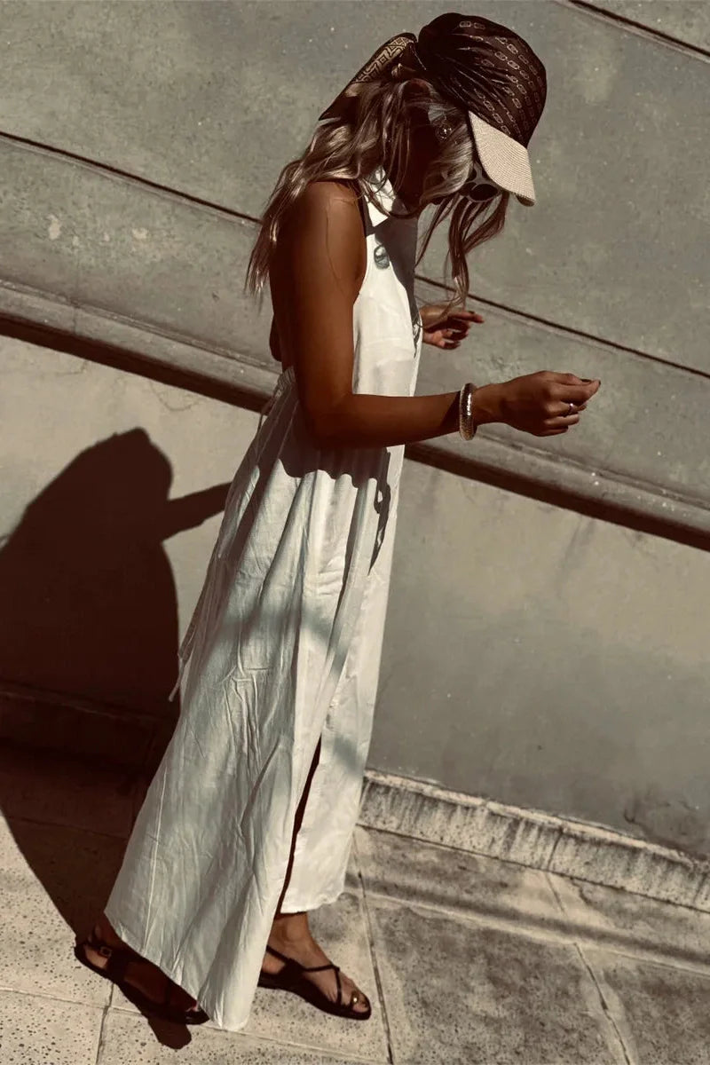 Elegant Sleeveless Button Backless Maxi Dress