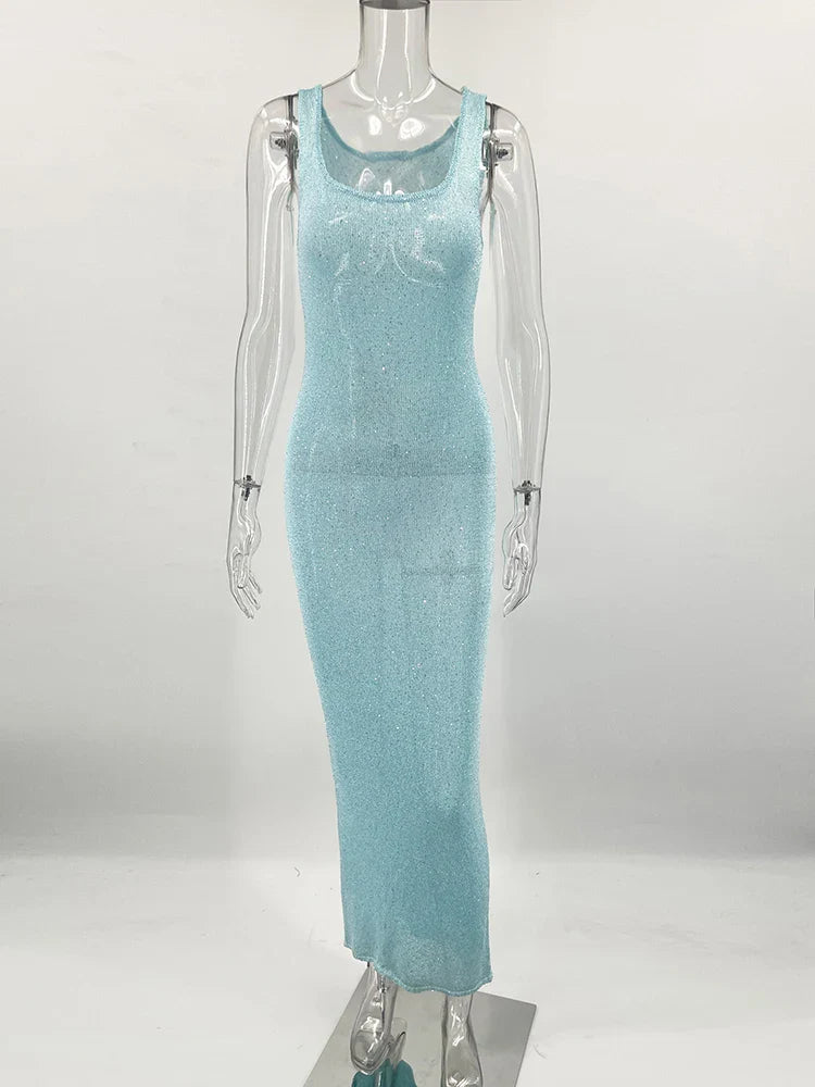 See-Through Knitted Slim Backless Maxi Dress
