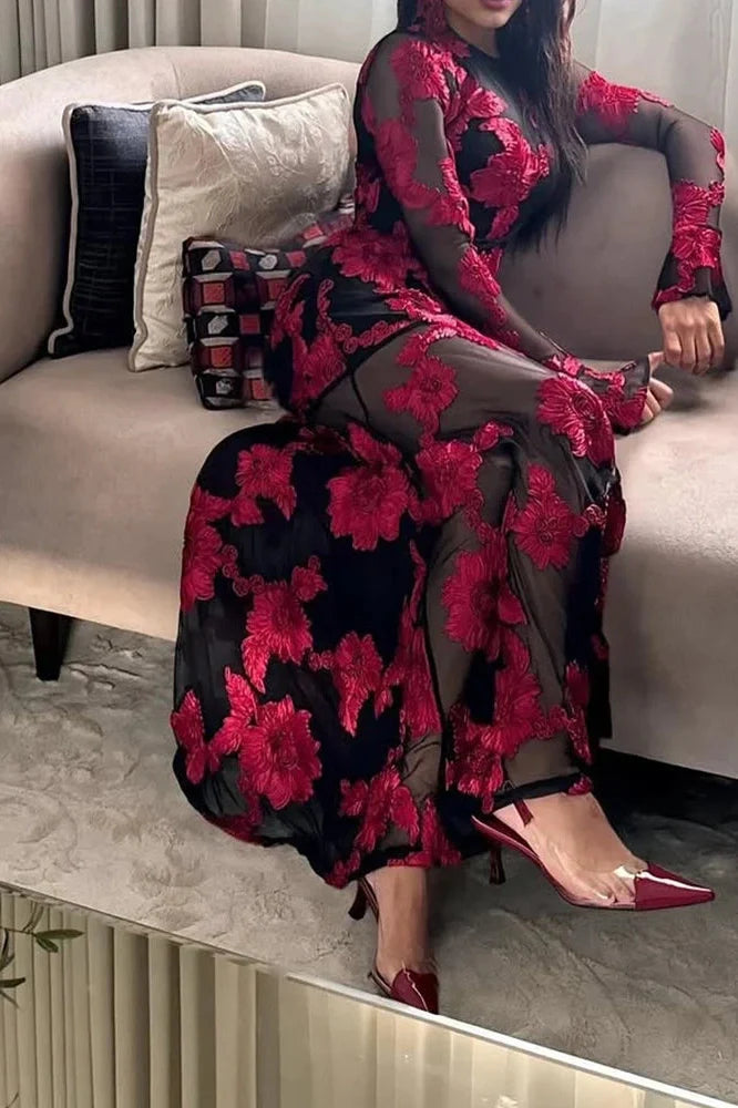 Lace Embroidery Floral Fit See-Through Backless High Waist Maxi Dress