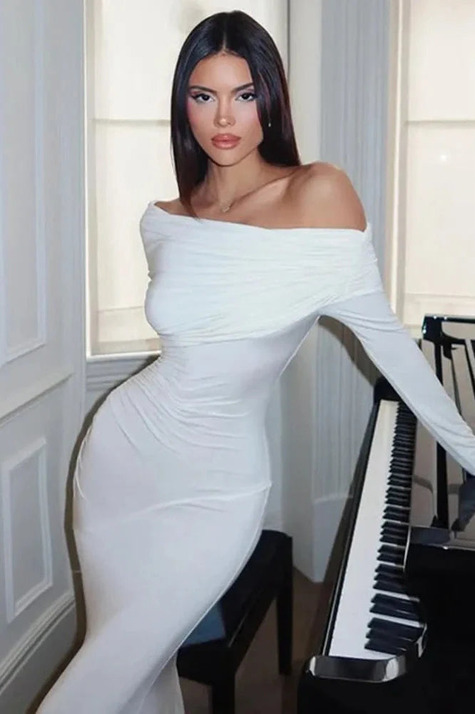 Inclined Shoulder Long Sleeve Strapless High Waist Bodycon Maxi Dress