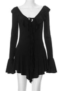 Lace-Up V-Neck Patchwork Long Sleeve Slim Mini Dress