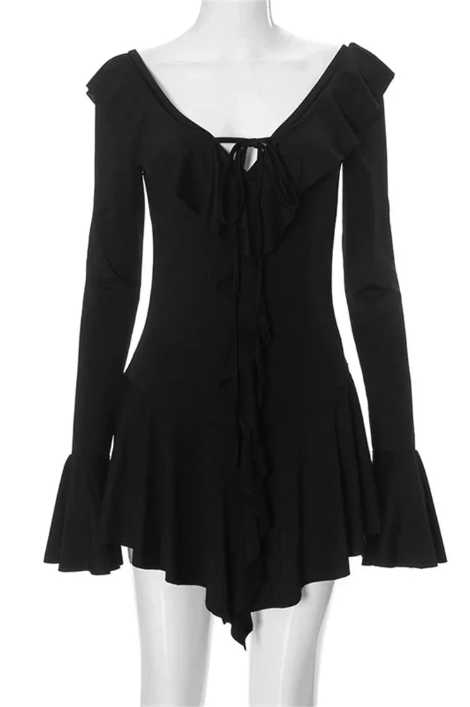 Lace-Up V-Neck Patchwork Long Sleeve Slim Mini Dress