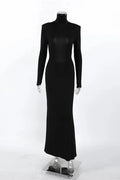 Backless Turtleneck Patchwork Slim Long Sleeve Maxi Dress