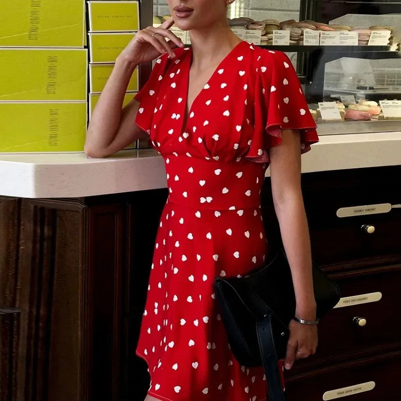 Print V-Neck High Waist Mini Dress