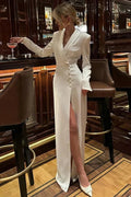 V Neck High Waist Button Split Long Sleeve Maxi Dress