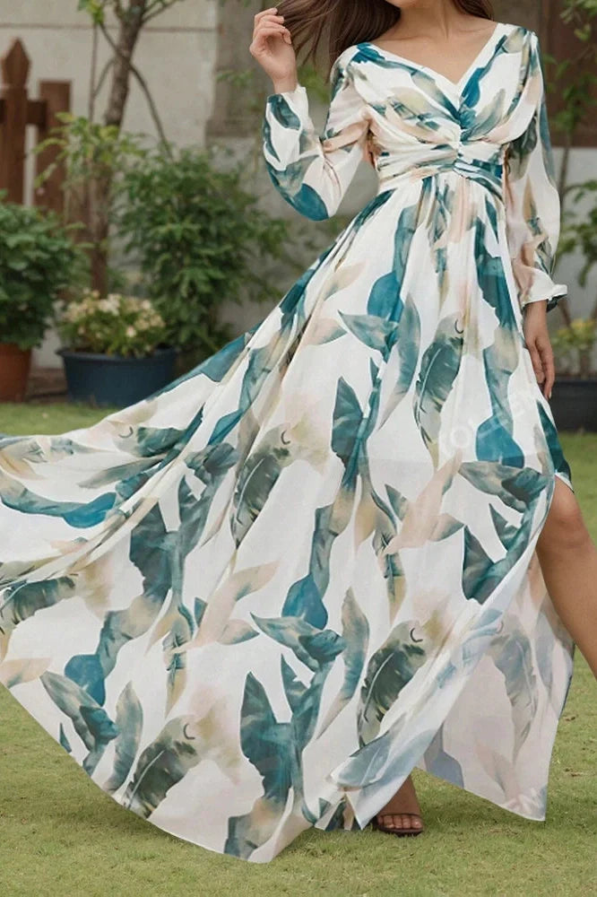 Long Sleeve Printed Pleated V-Neck High Waist Maxi Dress