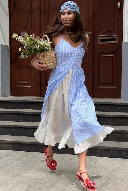 Elegant Plaid Patchwork Two-Piece Single-Breasted Midi Dress