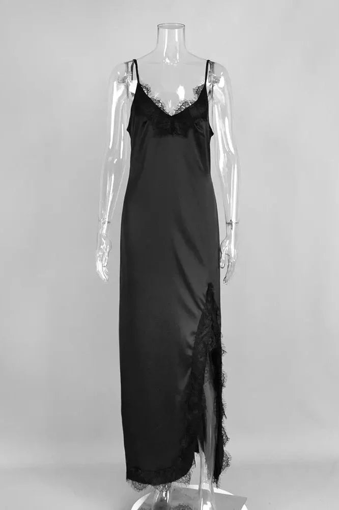 Lace Printed V-Neck High Waist Slim Backless Maxi Dress