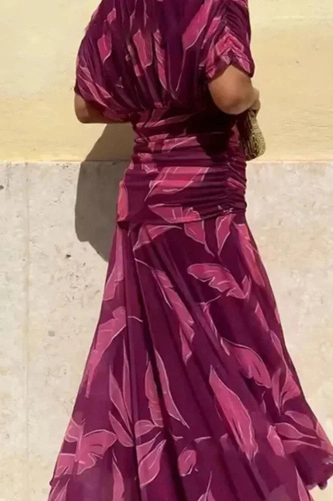 Printed Shawl Sleeve High Waist Pleated V-Neck Off Shoulder Maxi Dress
