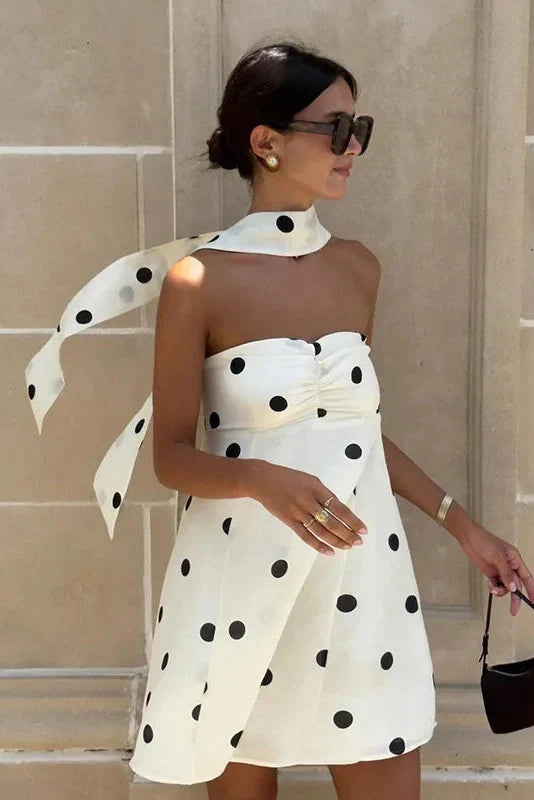 Polka Dot Off-Shoulder Backless Pleated Strapless Mini Dress