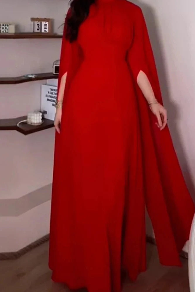 Elegant O-Neck Slit Long Sleeve Pleated High Waist Maxi Dress