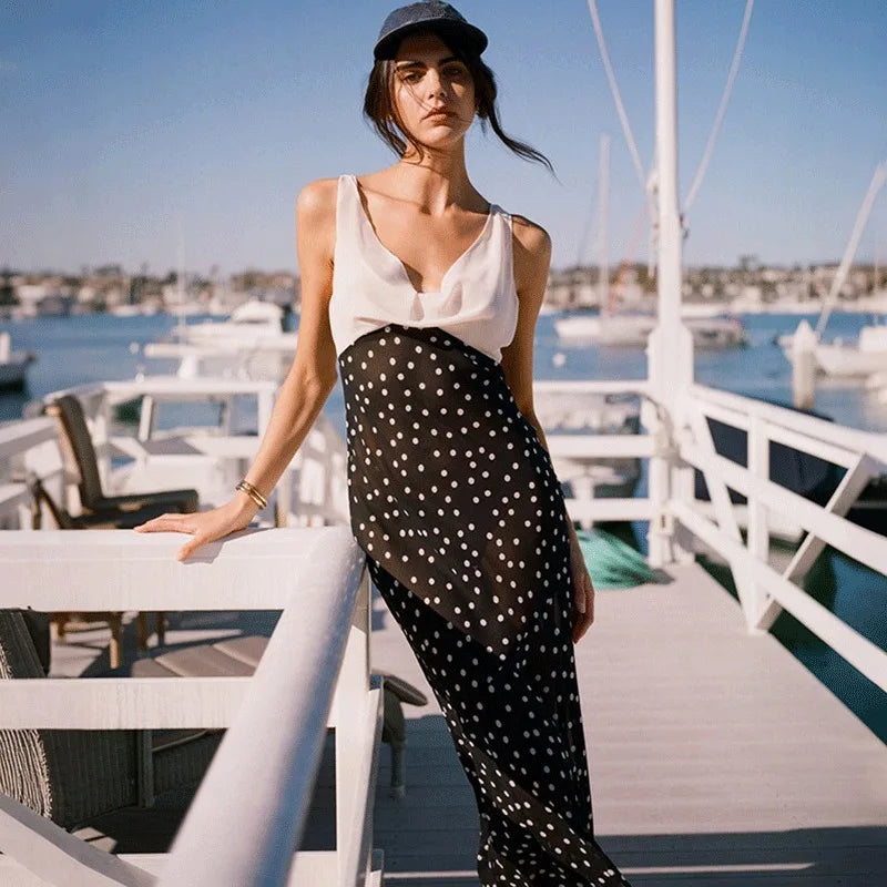 Polka Dot V-Neck Lace-Up Maxi Dress